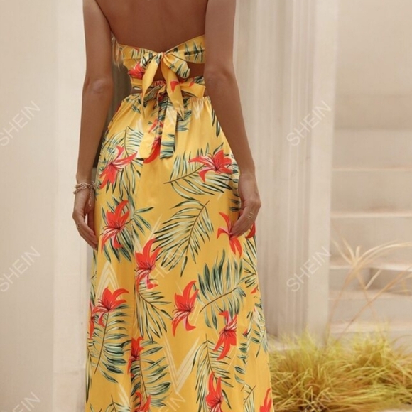 Tropical Print Backless Knot Halter Neck Slit Thigh Dress - Picture 3 of 5
